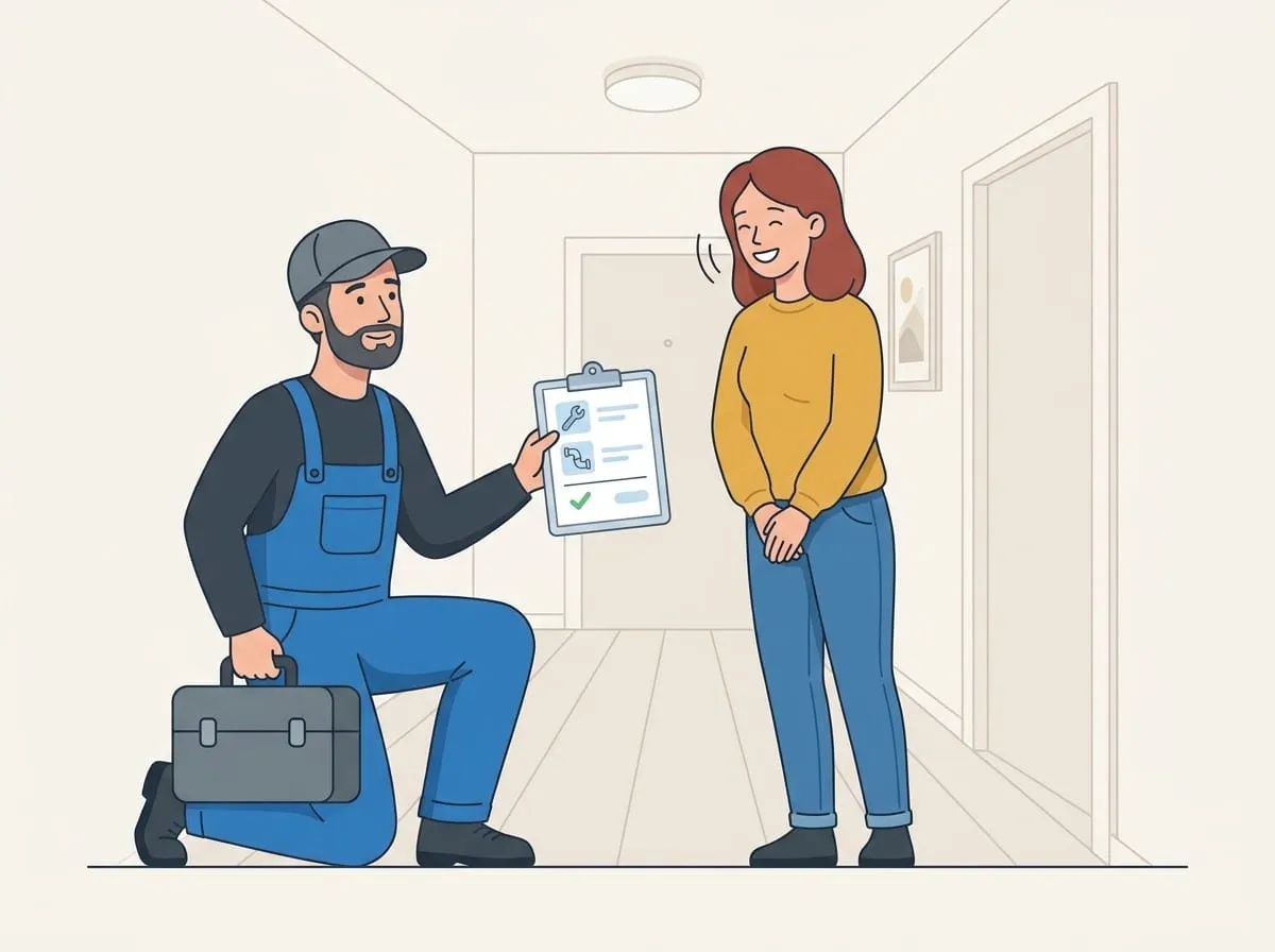Illustration: Der Monteur zeigt der Kundin auf dem Klemmbrett den Festpreis