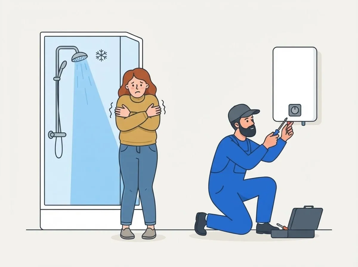 Illustration: Die Kundin friert im Bademantel, der Monteur prüft den Durchlauferhitzer