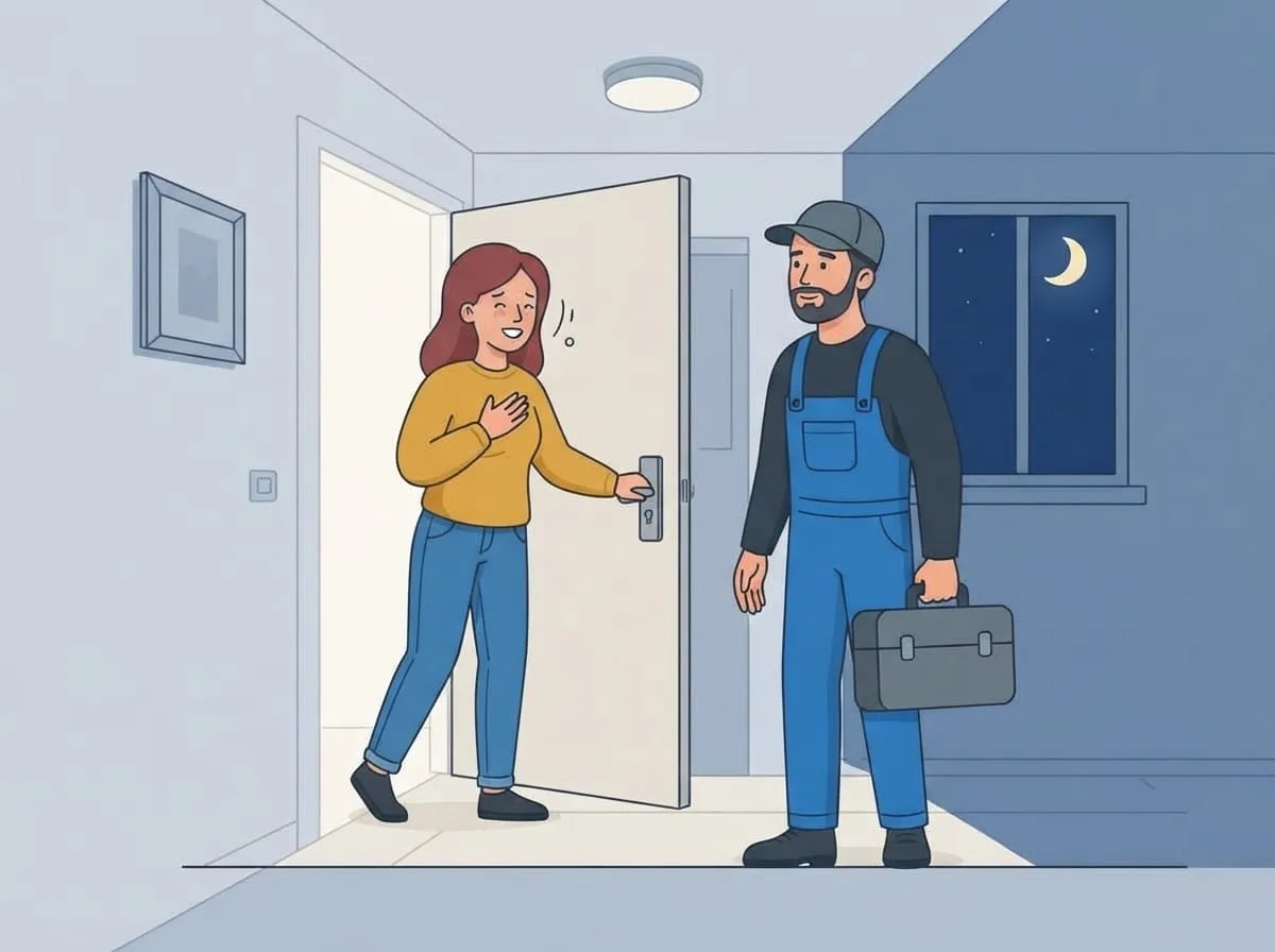 Illustration: Der Monteur steht nachts mit Werkzeugkoffer vor der Wohnungstür der Kundin