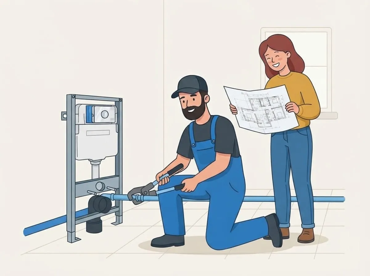 Illustration: Der Monteur verlegt neue Wasserleitungen in einem Rohbau-Bad