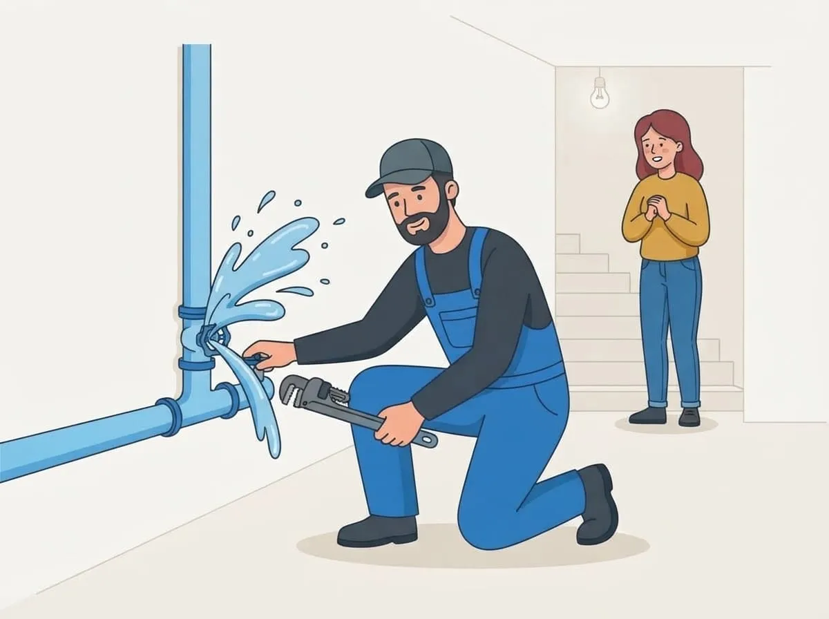 Illustration: Der Monteur schließt den Haupthahn, aus dem geplatzten Rohr spritzt Wasser
